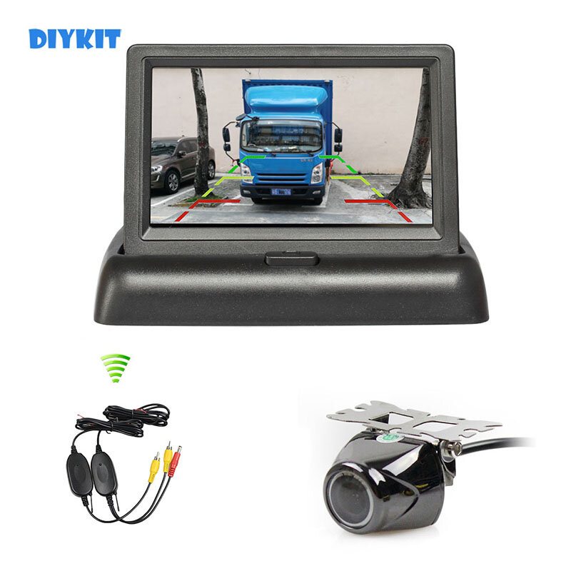 DIYKIT kamera mundur mobil nirkabel, Kit kamera pembalik mobil tampilan LCD Monitor mobil logam keamanan HD 4.3 inci