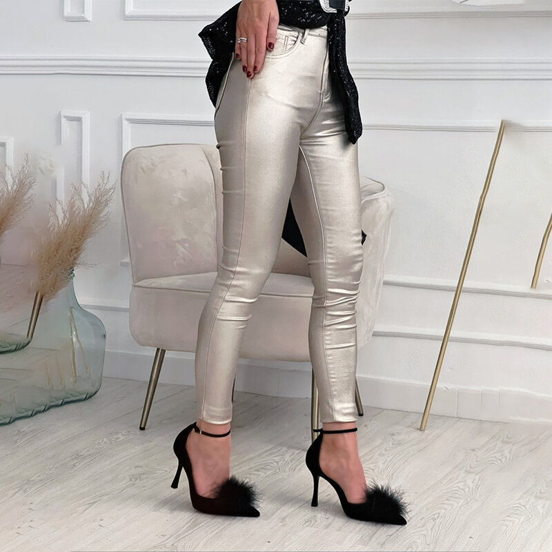 Pantaloni da donna nuovi di zecca vestiti pantaloni da Clubwear moda ecopelle a vita alta capispalla argento/dorato/rosa rossa