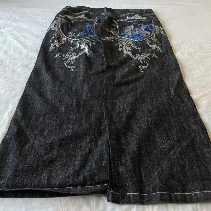 Harajuku-pantalones vaqueros negros con estampado gótico para hombre, pantalón holgado informal de Hip Hop, pierna recta, pierna ancha, versátil, 2024