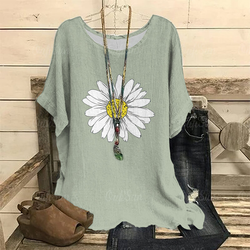 Daisy Print Women O-Neck T-Shirts Casual Pullover Loose Short Sleeves 2024 New Oversized Tee Shirt Female Clothing 2024 Summer