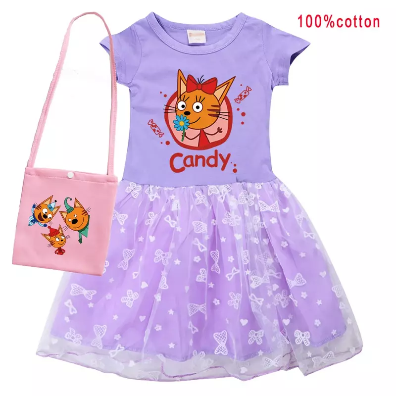 子供のためのロシアの漫画のプリンセスドレス,3つの子猫の服,赤ちゃんの女の子のためのハロウィーンの衣装,子供のためのキトンのドレスとバッグ