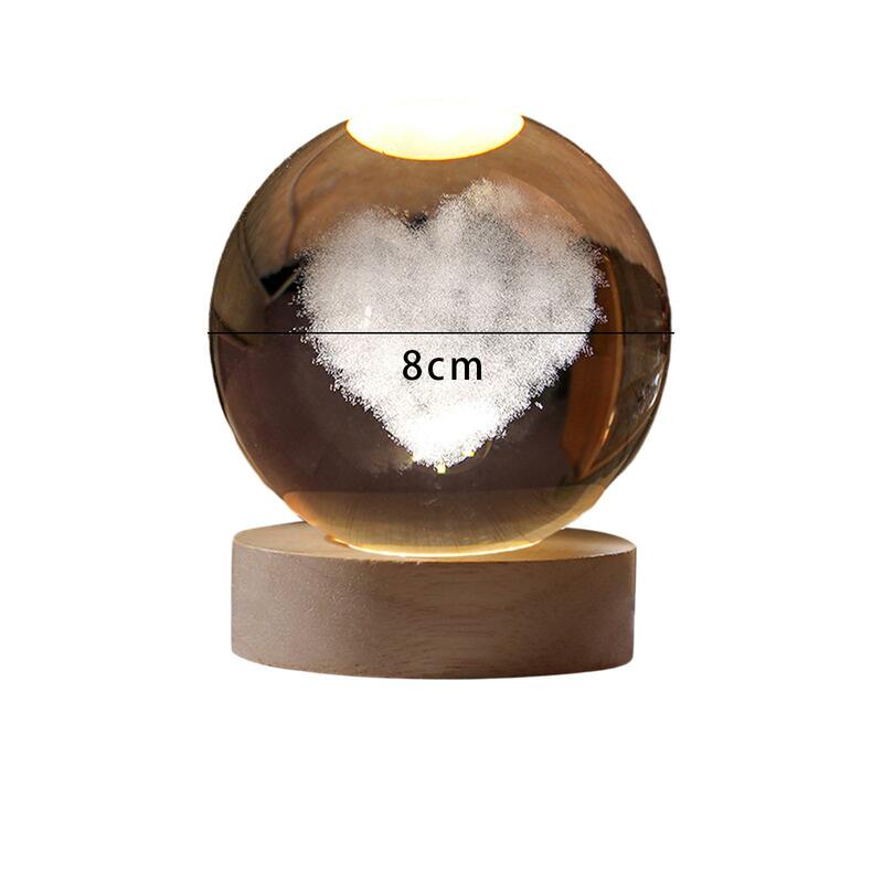 3D Glass Ball Night Light Heart Pattern Gift with LED Wood Base for Bedroom
