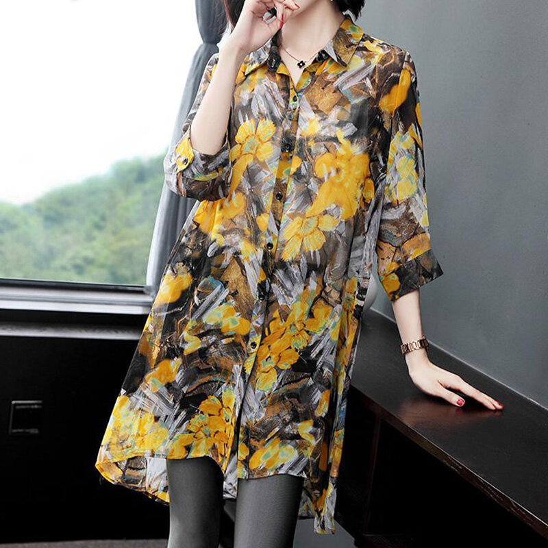 Casual Vintage Floral Printed Button Long Shirt Summer 2023 Streetwear Polo-Neck Three Quarter Sleeve Loose Tops Ladies Clothing