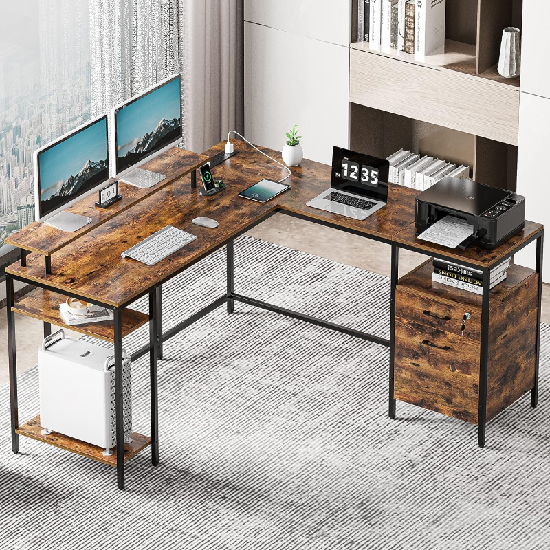 SUPERJARE Reversible Computer Desk with Power Outlets & File Cabinet, L Shaped Desk with Monitor Stand & Storage Shelves, Corner