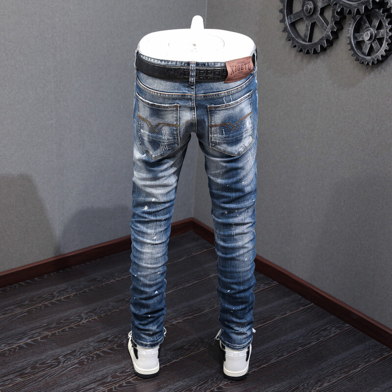 Уличные модные мужские джинсы в стиле ретро, высококачественные Эластичные зауженные рваные джинсы, мужские дизайнерские винтажные джинсовые брюки с принтом для мужчин