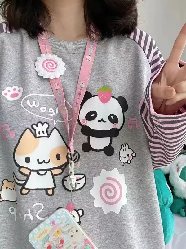 Houzhou Y 2K Harajuku Kawaii Gestreepte Hoodie Vrouwen Japanse Mode Patchwork Cartoon Print Sweatshirt Vrouw Herfst 2023 Nieuw In