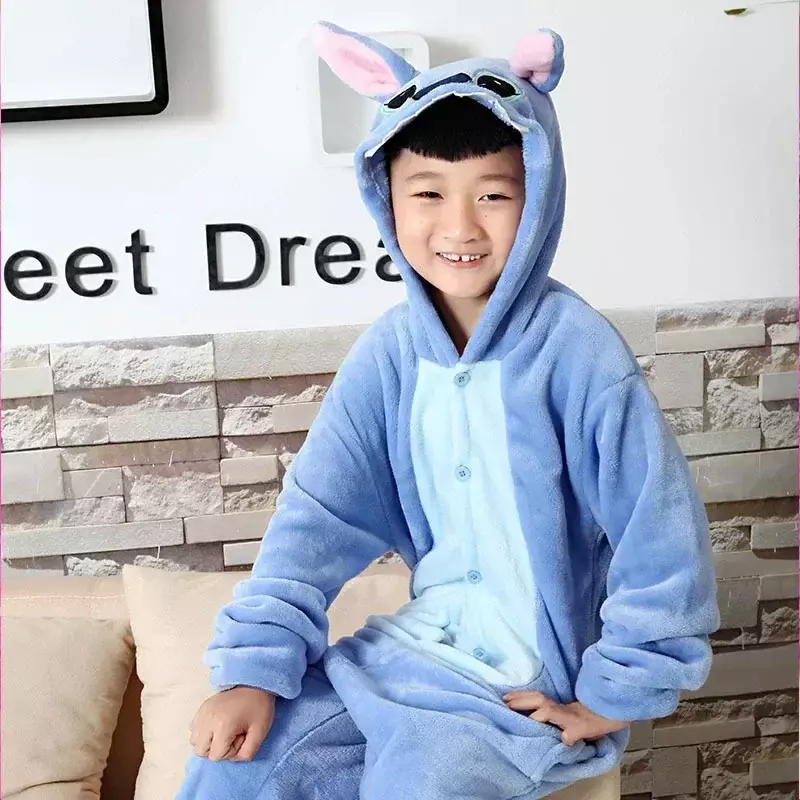 Disney Stitch Winter Pajamas Kids Sleepwear Blue Pink Stich Onesies Children Boys Girls Unisex Flannel Nightie Home Clothes Sets