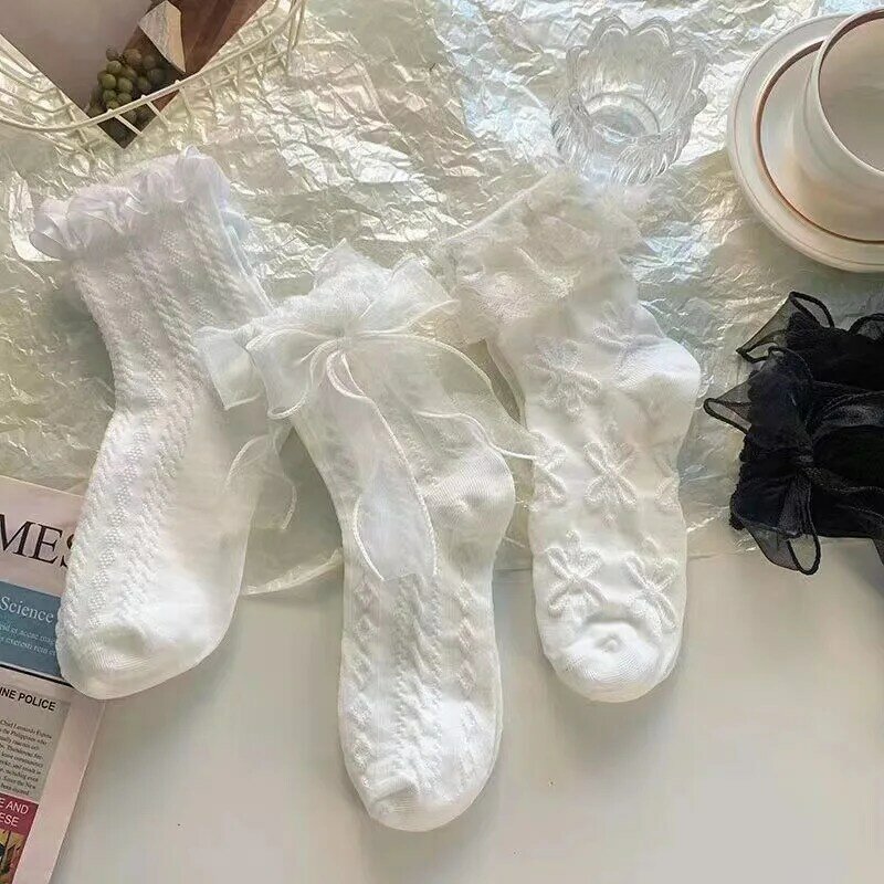 Женские носки однотонные черные белые Лолита кружевные носки с оборками летние тонкие милые короткие носки в японском стиле для девочек женские