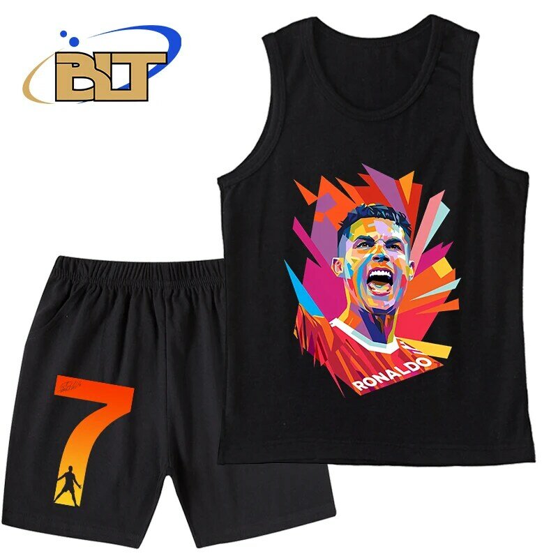 Fato esportivo de 2 peças para meninos, tops e calças casuais, conjunto de roupas infantis, colete estampado de Ronaldo, verão
