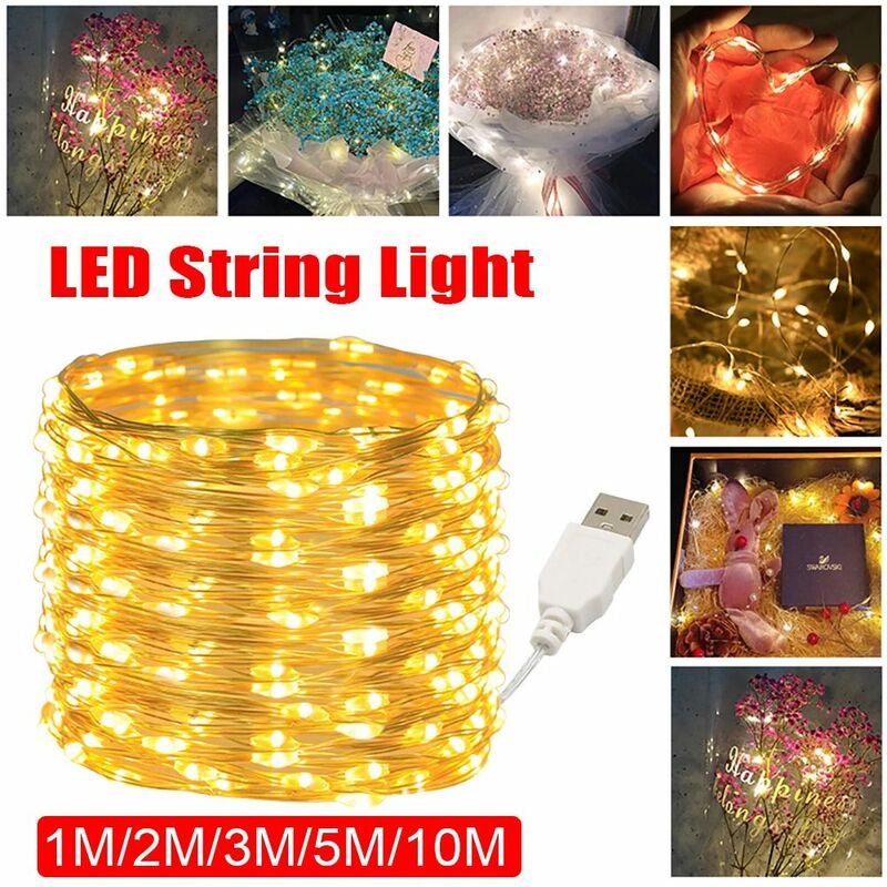 USB LED String Light, Fairy Light, cobre, fio de prata, guirlanda colorida, branco, 5V, 1 m, 2 m, 3 m, 5 m