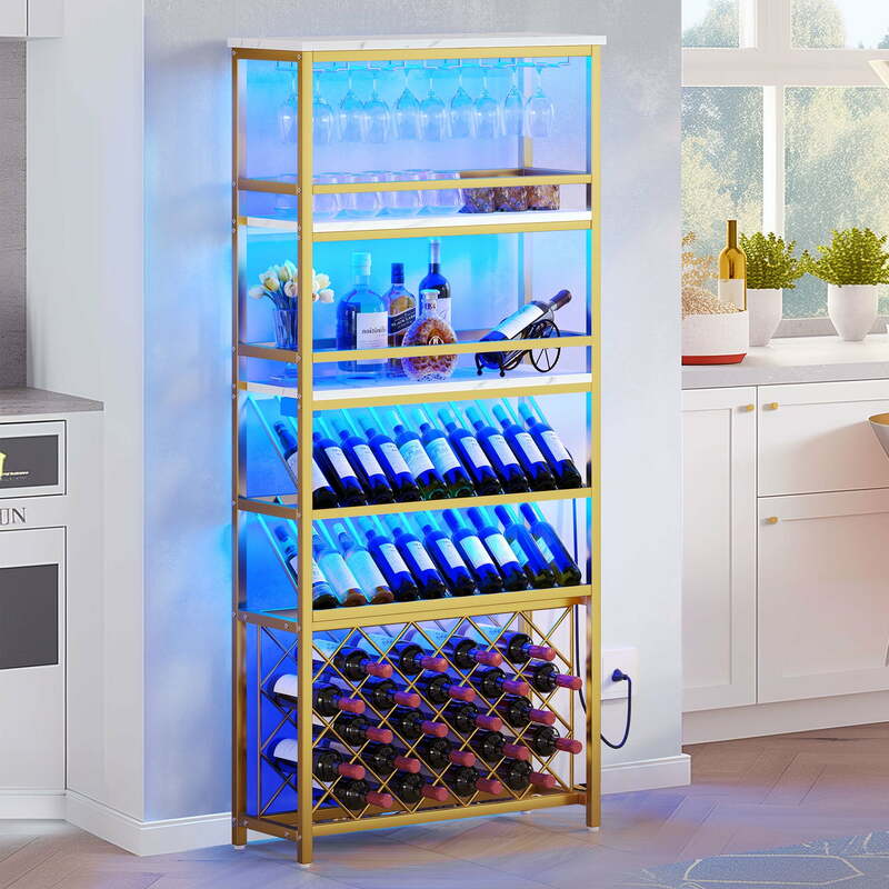 ตู้เก็บไวน์สูง5ชั้น71 "พร้อมไฟ LED ตู้สุราอุตสาหกรรมพร้อมที่วางแก้วชั้นวางขาตั้งขวดไวน์อิสระสีทอง