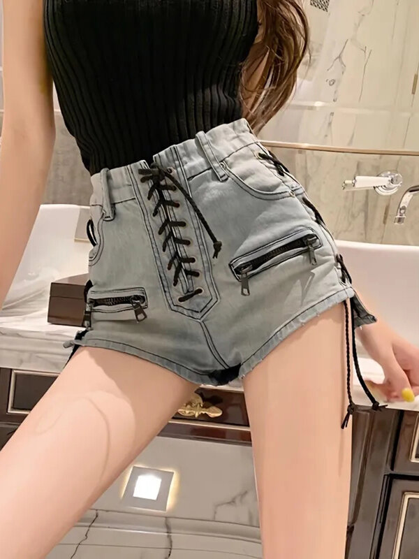 Jmprs-Shorts jeans feminino com bandagem sexy, cintura alta, jeans slim design, streetwear casual da senhora coreana, vintage, hotsweet