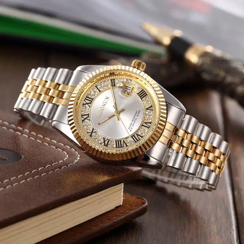 럭셔리 비즈니스 녹색 다이얼 스테인레스 스틸 쿼츠 손목 시계, 남자 다이아몬드 시계, 2020