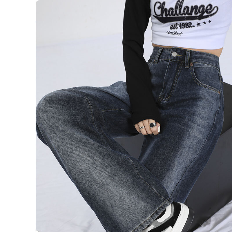 Jeans azul de perna larga de cintura alta para mulheres, cor gradiente Y2K, calças chiques, streetwear, outono, 2023