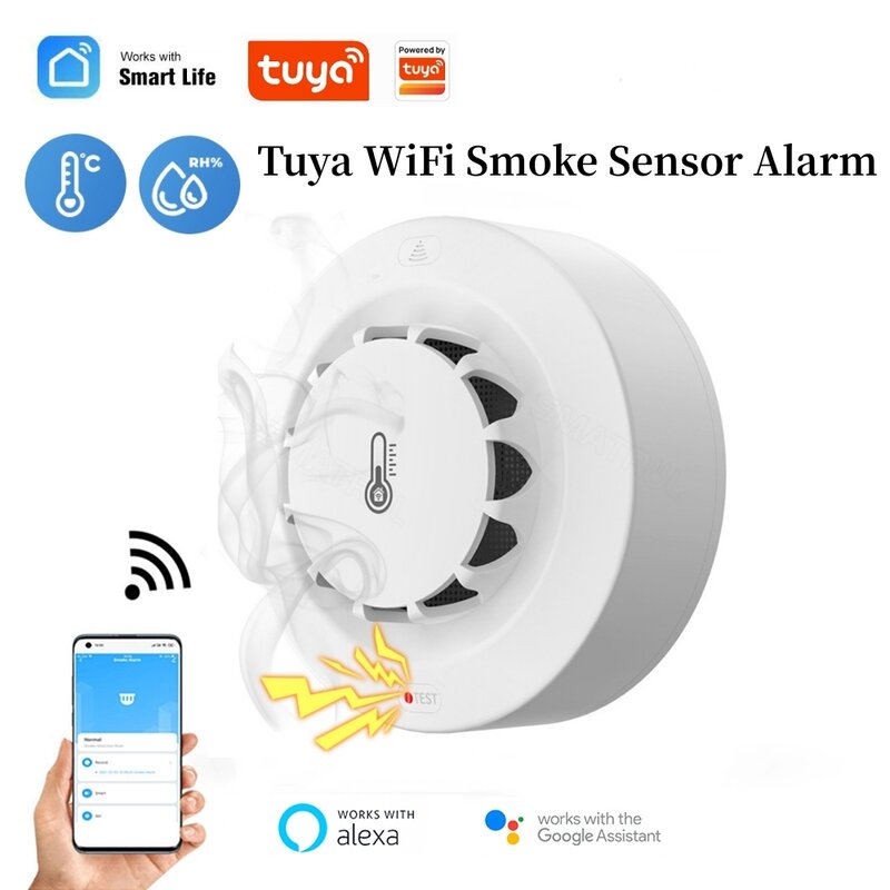 Tuya Wifi Slimme Rookmelder Brandtemperatuur En Vochtigheid Detectie Hygrometer Voor Alexa Google Home Security System Brandweerman