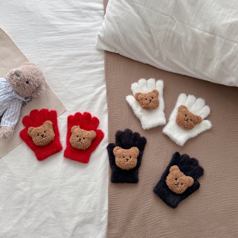 Guantes lana con estilo para bebé, manoplas cómodas invierno con bonito patrón oso, ropa mano elástica adecuada para