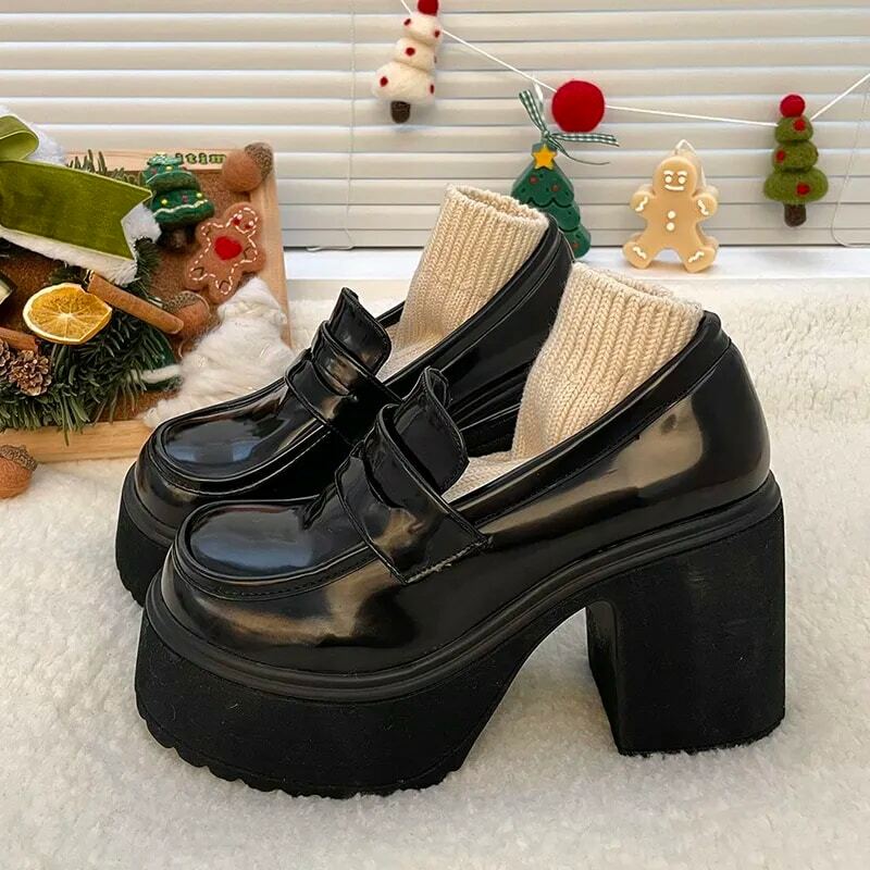 Sepatu pantofel hak tinggi Super wanita 2024 "kulit paten musim semi Chunky Platform Pumps wanita selop hitam sepatu seragam Jk Mary Janes