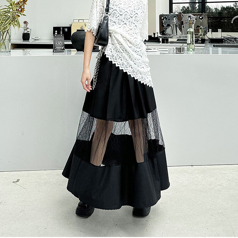 Wysoka elastyczna talia czarna nieregularna siateczkowa spódnica Midi pół-body damska moda nowa wiosna jesień 2024
