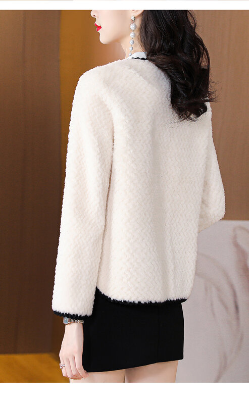 Jaket luar wanita bulu putih, mantel pendek leher O longgar besar Korea kecil ramping musim gugur/dingin 2023