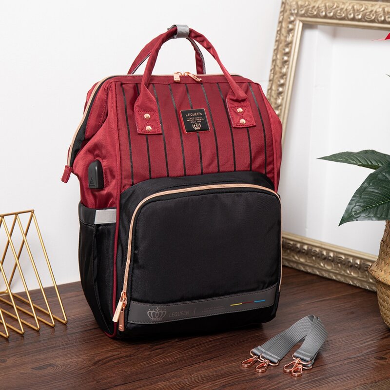 Lequeen-saco de fraldas de grande capacidade para mamãe, mãe mochila, USB Design para viagens, carrinho de bebê, bolsas de maternidade, novo