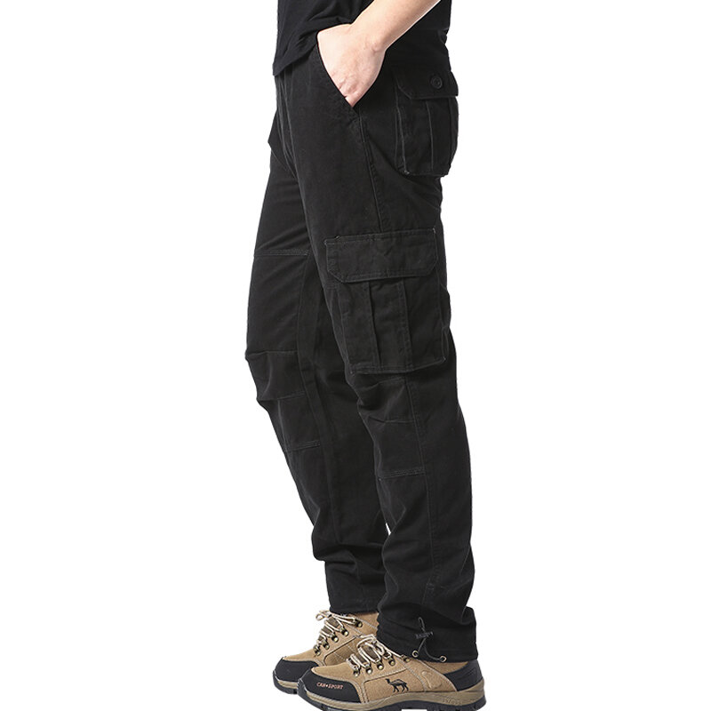 Celana olahraga taktis pria, baju kerja luar ruangan katun murni pinggang elastis longgar saku besar