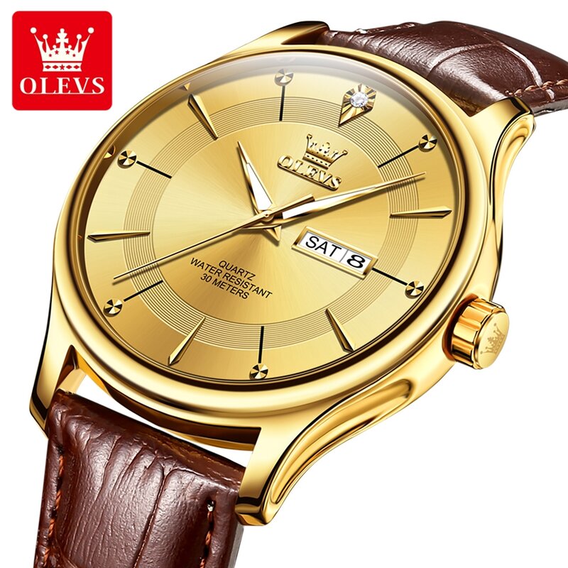 OLEVS-Montre à quartz étanche en acier inoxydable pour homme, montre dorée originale, semaine et date, luxe et élégant, tendance