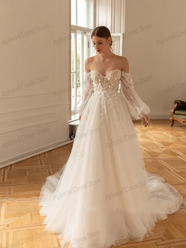 Gaun pernikahan anggun gaun pengantin berjenjang Tulle gaun bahu terbuka A-Line untuk pesta Formal putri Vestidos De Novia