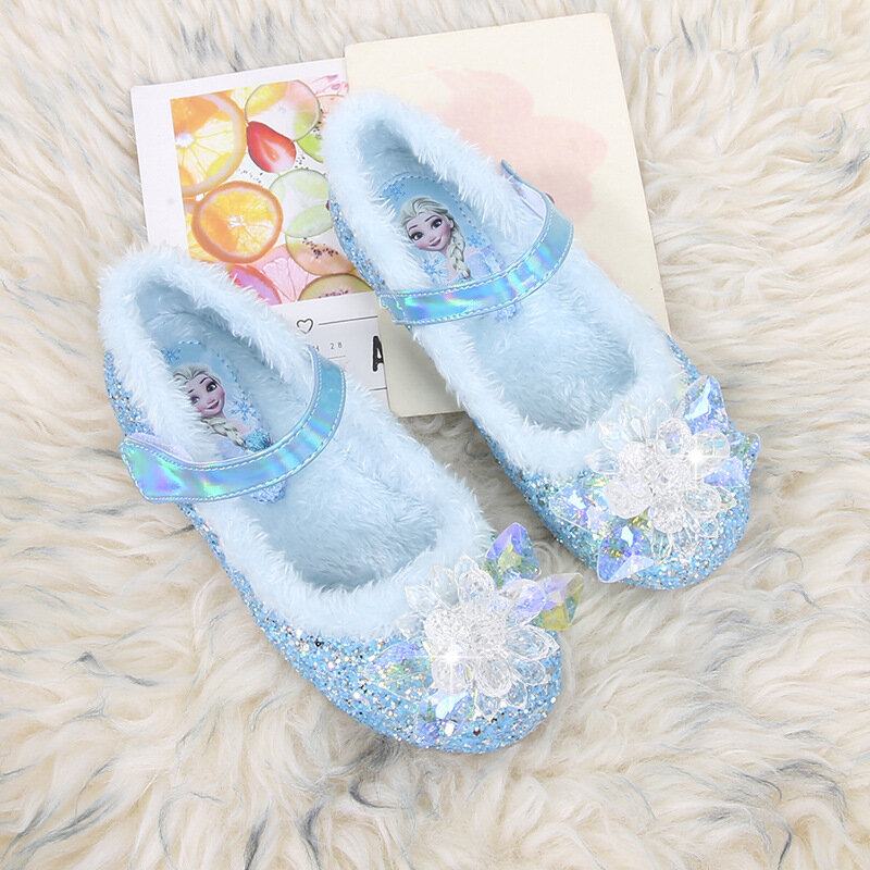 Chaussures de princesse en cristal Disney pour filles, chaussures simples Elsa, chaussures en os congelés, rose, fête de performance, taille 22-36