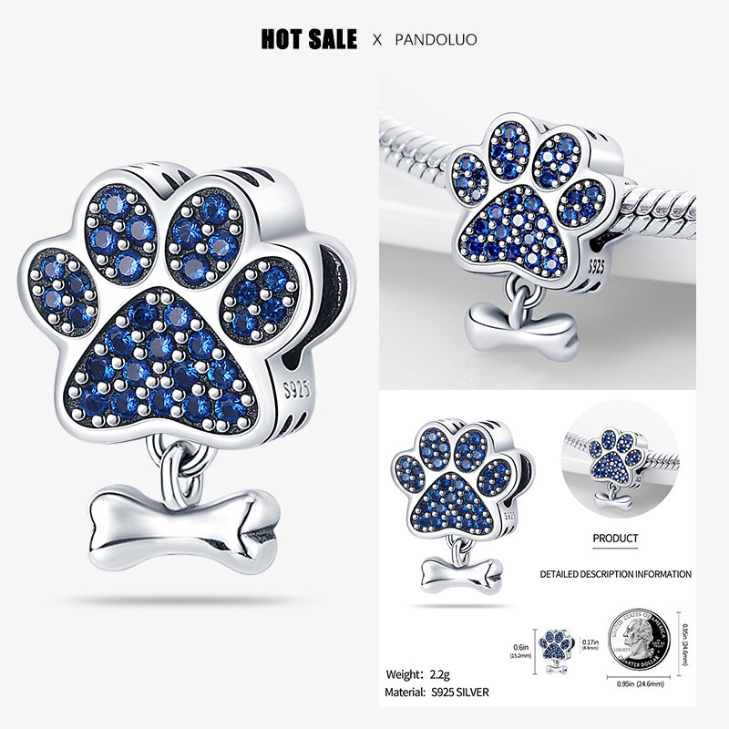 Blue Zircon Dog Paw Pattern Bead Charme para Mulheres, Bead Fits Pandora Pulseira, Pingente de Prata, Jóias Presente, Hot Sale, 2024