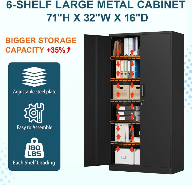 Armario de almacenamiento de Metal con puertas y estantes, Gabinete de acero Bloqueable, almacenamiento de herramientas, gabinete de utilidad de Metal bloqueable