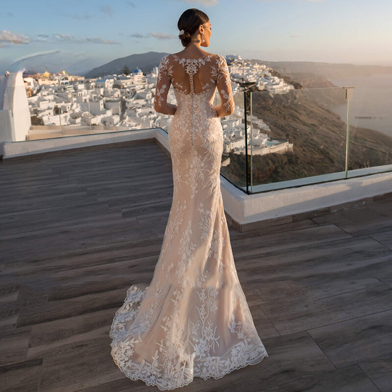 فستان زفاف رائع قابل للانفصال 2 في 1 مطرز بالدانتيل على شبكة الإنترنت مع قطار أونيك كم كامل فستان عروس عتيق Vestido De Novia