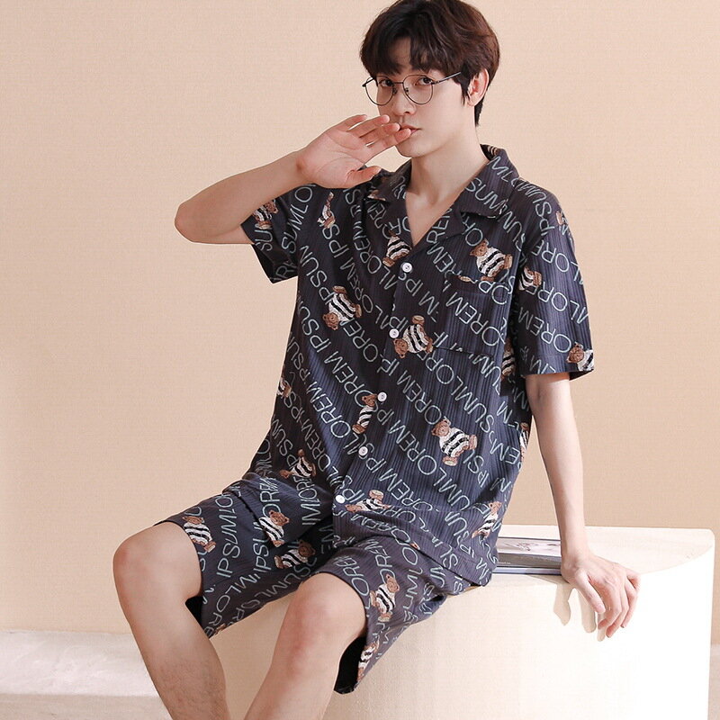 Summer Mens Cardigan Sleepwear High Quality Pajamas Set For Male Young Boy Short Sleeves Shorts Pijamas Home Clothes Freeship