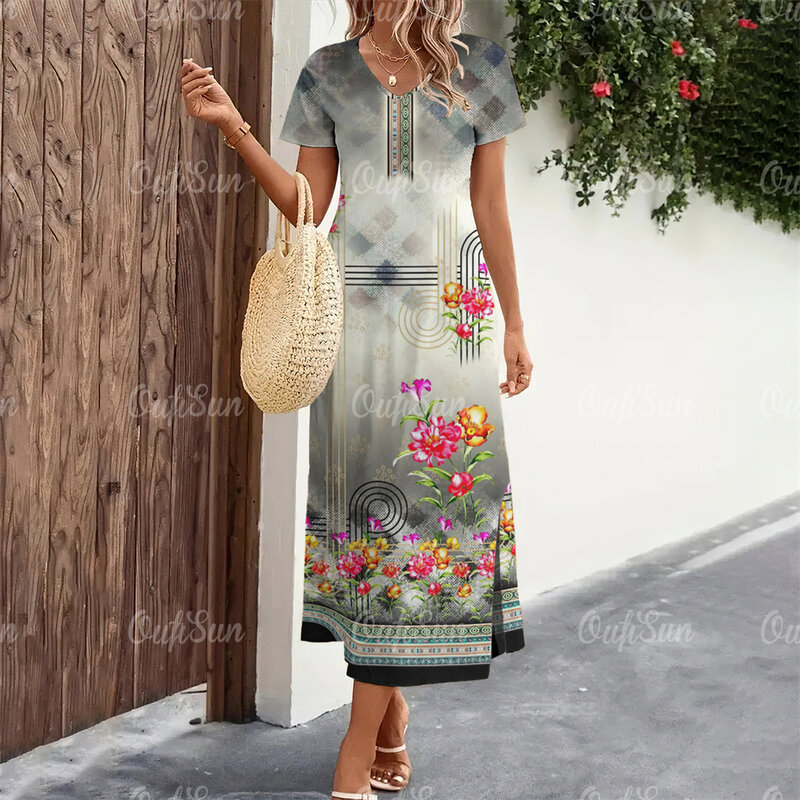 Damenmode Kleider elegante Kleider Frauen V-Ausschnitt Kurzarm langes Kleid schlanke Pullover Schlitz Rock Sommerferien Kleidung