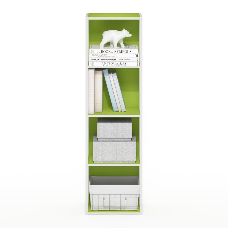 毛皮のような厚いオープンシェルフの本棚、緑と白、4層