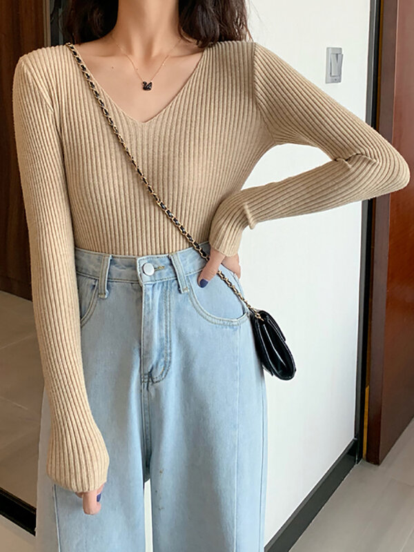2024 Basic B-neck Solid Autumn Winter Pullover Women Female Knitted Ribbed Sweater Slim Long Sleeve Badycon High Quality Sweater