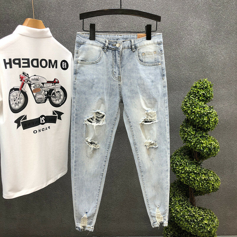 New Arrival Men's Casual Jeans Spring and Autumn Slim Washed Distressed Pencil Pants Solid Holes Trendy Skinny Foot Trousers