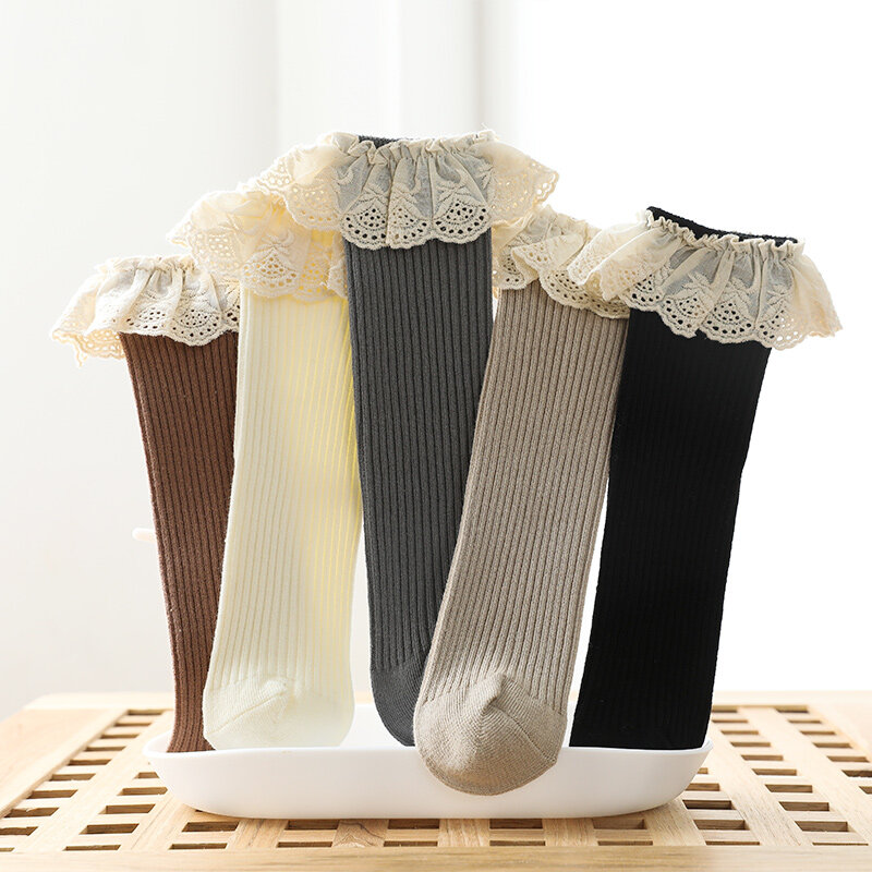 Baby Girls Knee High Socks Baby Infants Kids Toddlers Socks Leg Warmer Solid Cotton Stretch Cute Lovely Lace Frilly Long Socks
