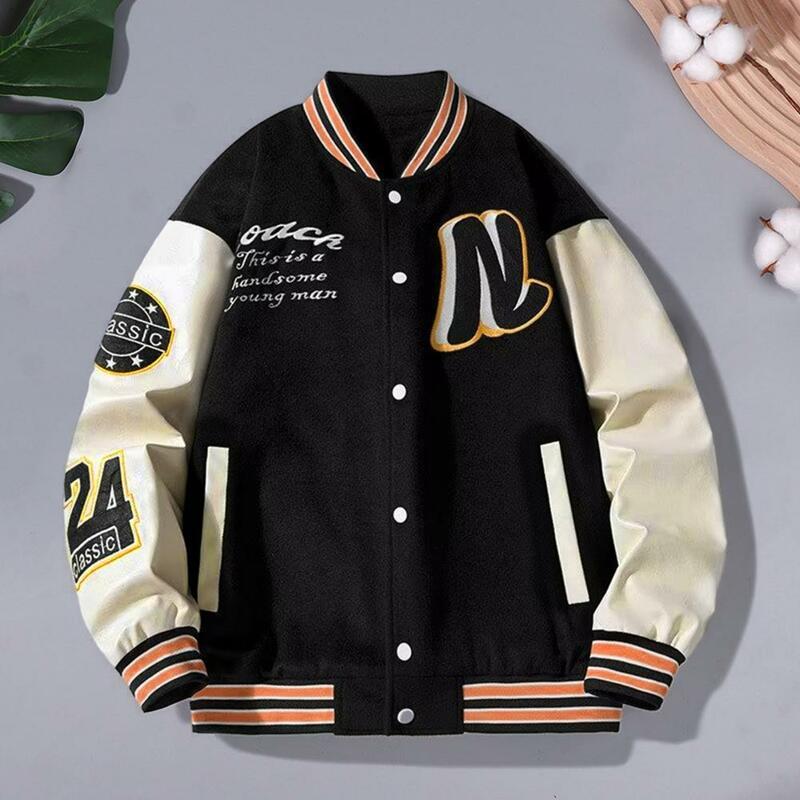 Men Jacket Men's Striped Letter Pattern Baseball Coat with Stand Collar Pockets Loose Long Sleeve Single-breasted for Mid
