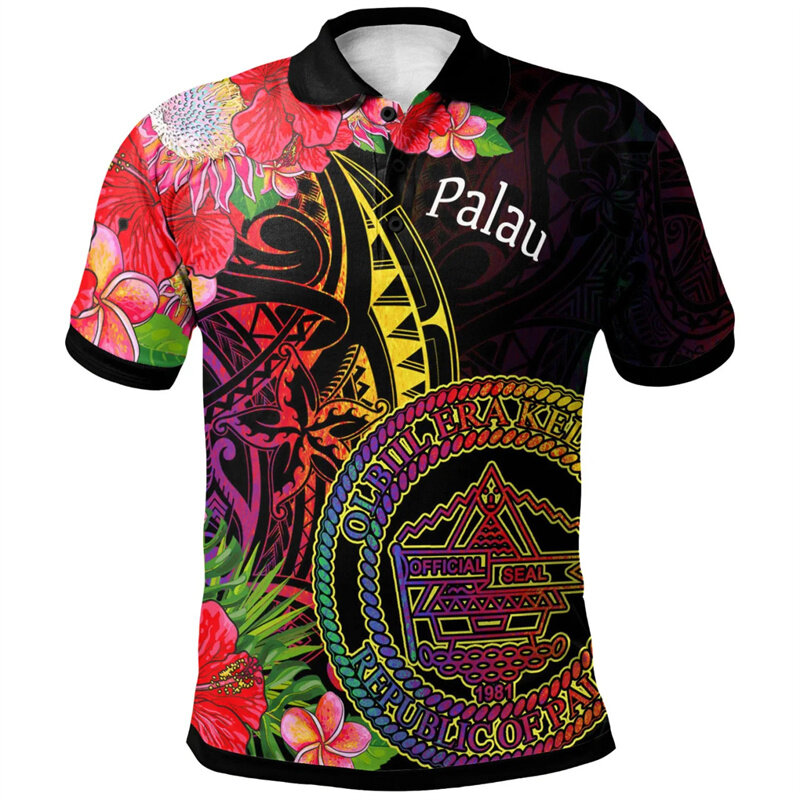 Гавайская рубашка-поло Palau для мужчин, Повседневная Свободная рубашка-поло с пуговицами, гибискус и полинезийская модель, короткий рукав, лето