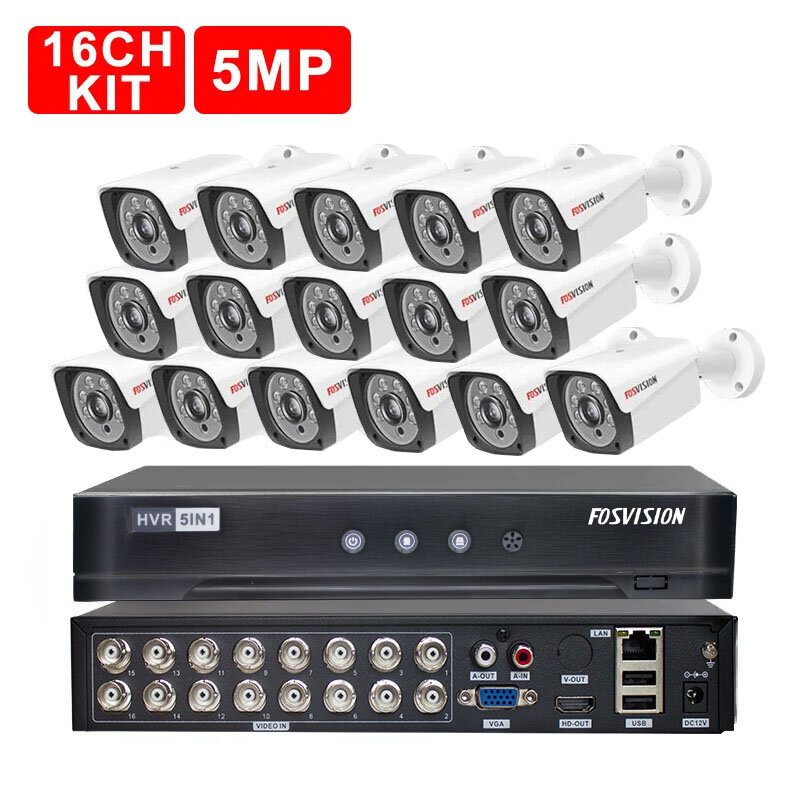 Fosvision Visão Noturna Dvr Segurança Sistema Doméstico Vigilância De Vídeo Câmera Ahd 5MP Ahd Kit 16ch