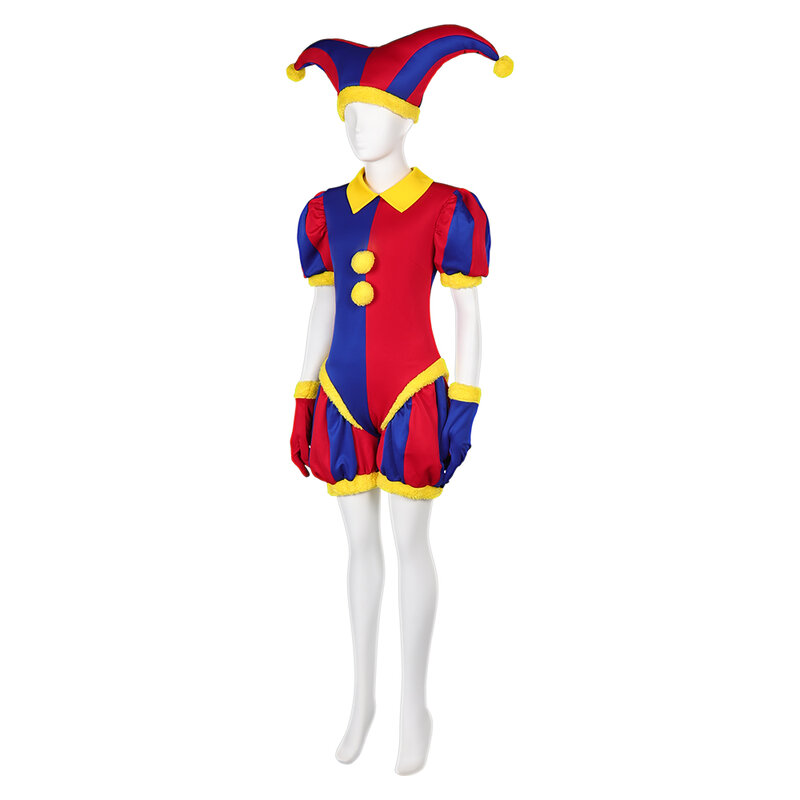 Kids Children Pomni Cosplay Costume Cartoon The Amazing Digital Circus Jumpsuit Hat Set Outfits Halloween Carnival Party Suit
