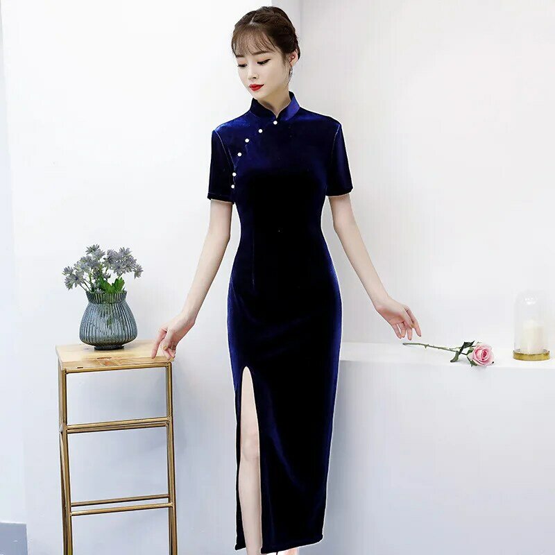 Cheongsam de terciopelo para mujer, vestido tradicional chino de manga corta con cuello de pie, Sexy, ajustado, elegante