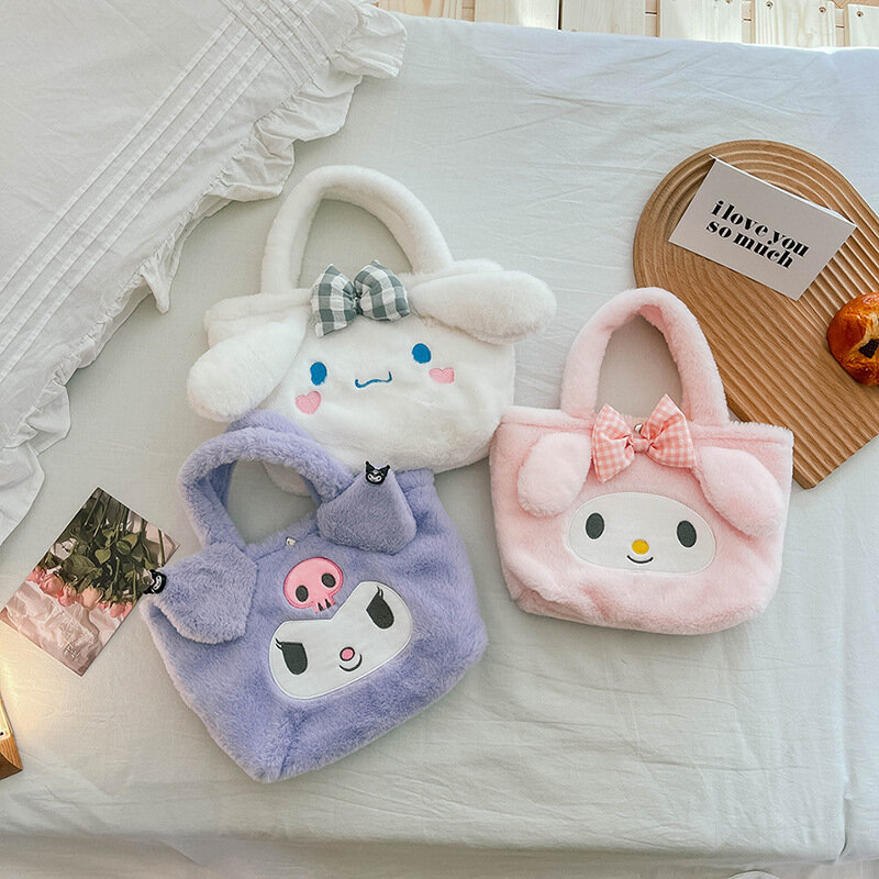 Sanrio – sac à main Hello Kitty avec pompon Purin, fourre-tout, sac à dos, peluche brodée, mignon, Kuromi Pochacco, sac de rangement à bandoulière