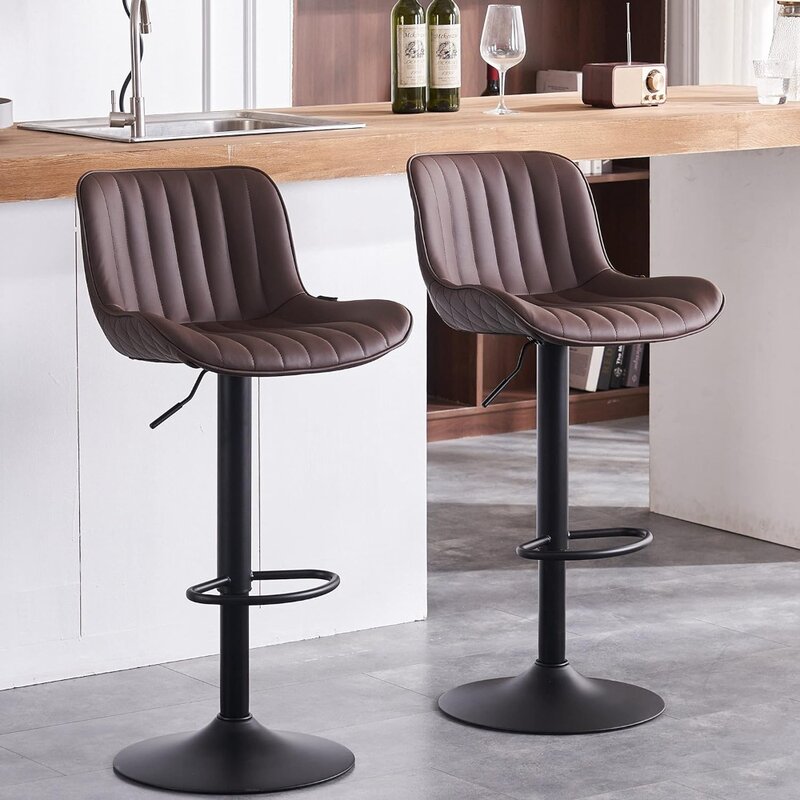 YOUNIKE stołki barowe ciemnobrązowe skórzane stołki barowe z oparciem, obrotowy regulowany nowoczesny stołek na ladę, tapicerowane wysokie krzesełko