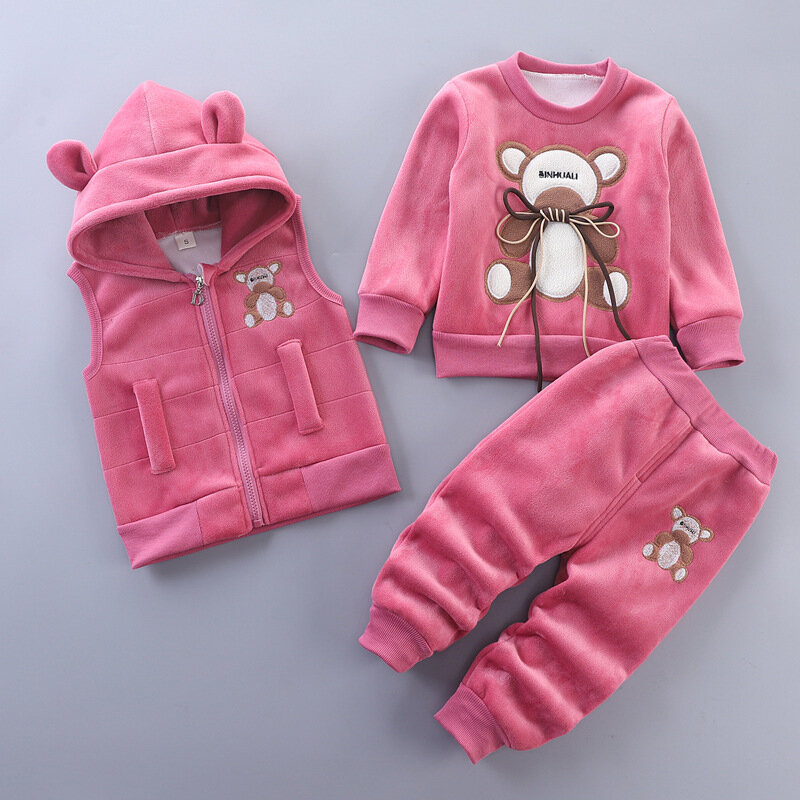 New Autumn Winter Boys Clothing Set Keep Warm Cartoon Bear Sweatshirt+Hooded Vest+Pants 3Pcs Suit For Kids Children Cold Outfit