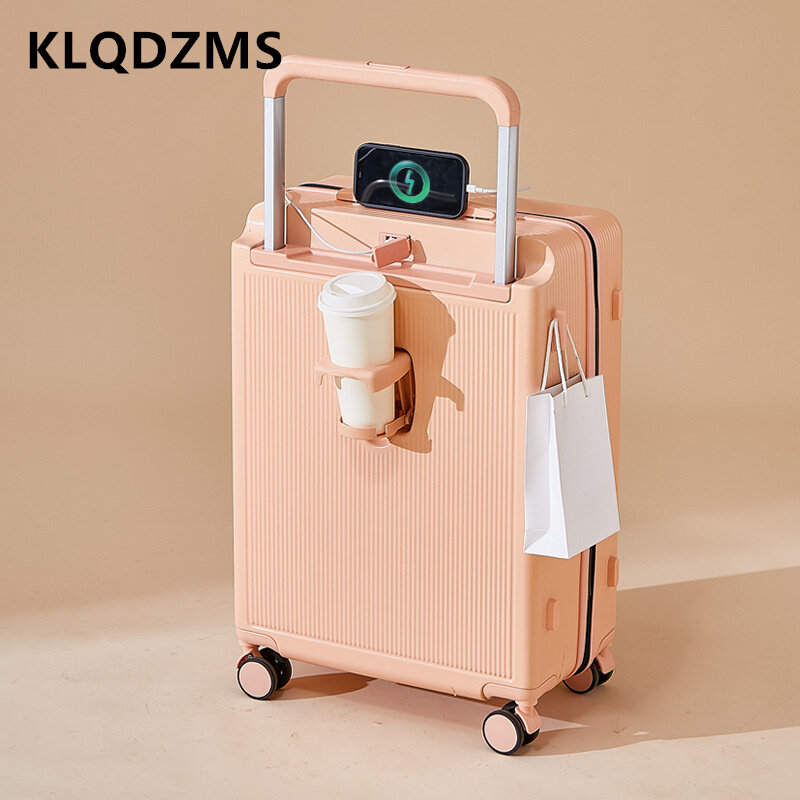 Klqdzms กระเป๋าเดินทางแบบหนา20 "22" 24 "26นิ้วของผู้หญิงกล่องขึ้นเครื่องมัลติฟังก์ชั่นพร้อมที่วางถ้วยกระเป๋าเดินทางแบบกลิ้ง