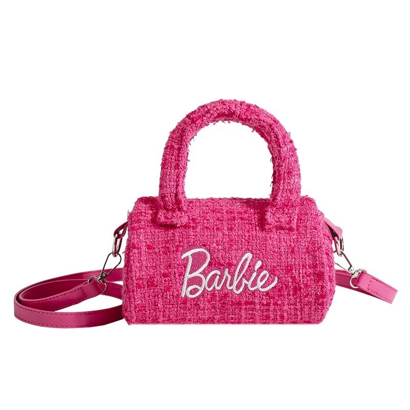 Barbie Pink Messenger Bags for Women, Cute Girls Handbag, Shoulder Bag, Cylindrical Bucket Bags, Fashion Ornaments, Holiday Gifts