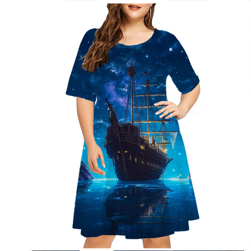 فستان صيفي كلاسيكي بتصميم مشهد على شكل سفينة لعام 2023 فستان نسائي فضفاض بأكمام قصيرة فساتين غير رسمية بمقاس كبير ملابس نسائية 6XL فستان صيفي