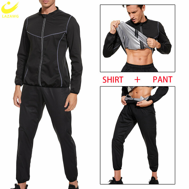 LAZAWG Sauna Suit for Men Weight Loss Set Sweat Leggings Pants Workout Jacket Slimming Top Trousers Body Shaper Fat Burner Gym