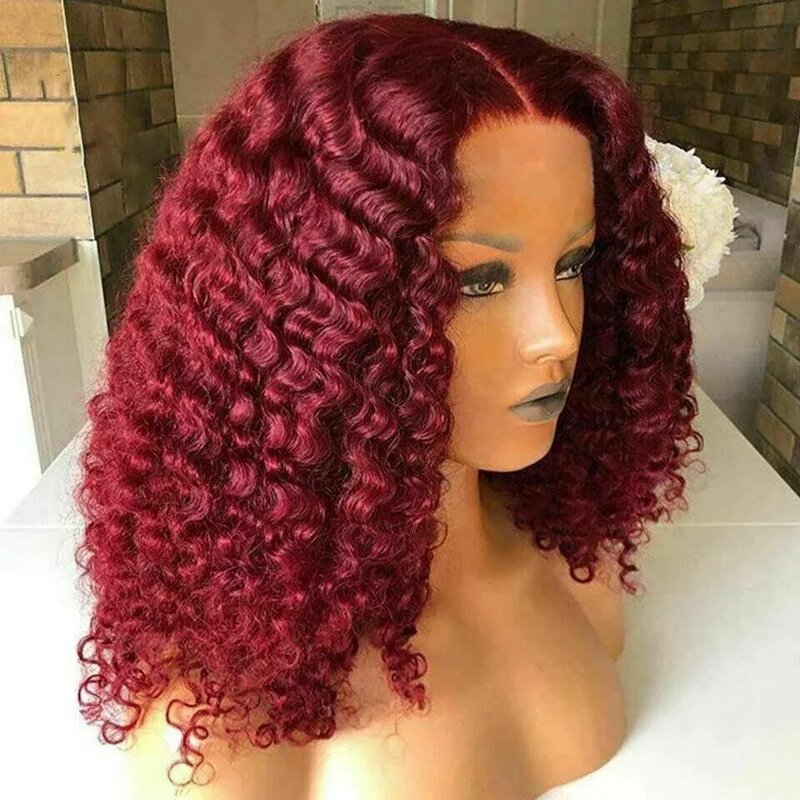 #99J Colored Burgundy Red Peruvian Curly Bob Wig 13x4 Lace Frontal Human Hair Short Wigs for Black Women Pre Plucked Water Wigs